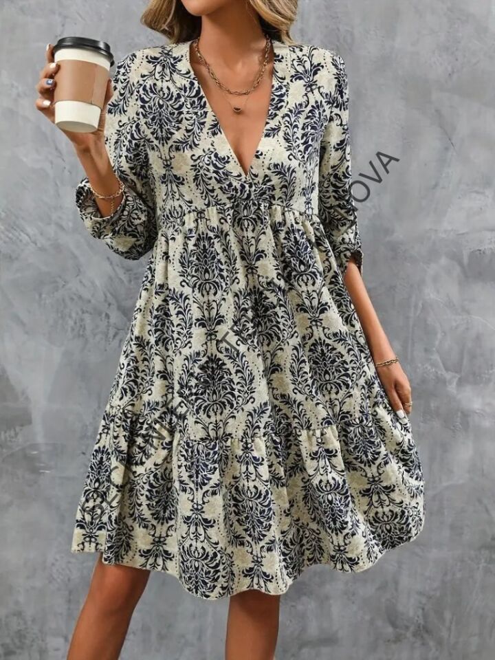 Kadın Uzun Kollu V Yakalı Fırfırlı Mini Süprem Elbise