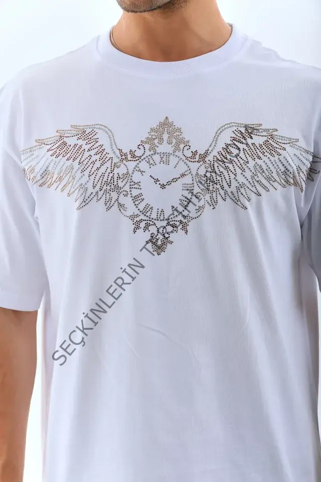 Unisex Oversize Taşlı Bisiklet Yaka T-Shirt - Beyaz