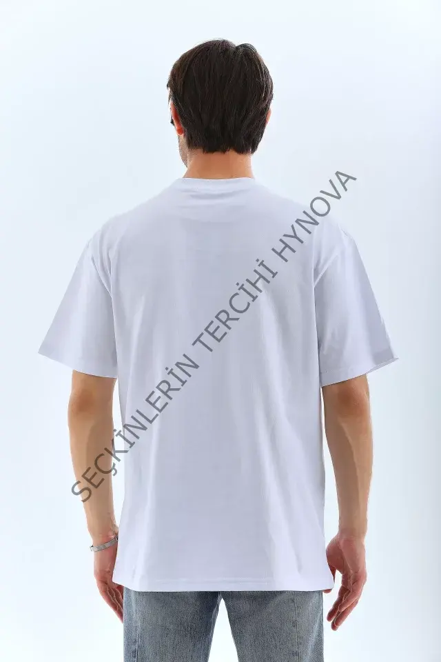 Unisex Oversize Taşlı Bisiklet Yaka T-Shirt - Beyaz