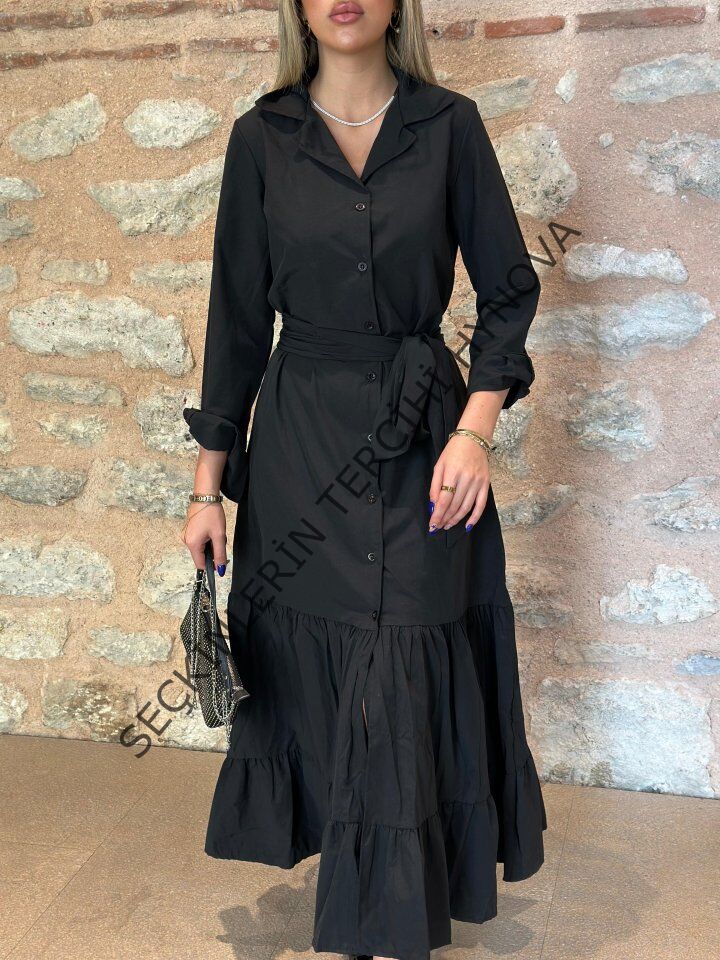 Kadın Uzun Kollu Eteği Fırfırlı Beli Kuşaklı Trikoton Tam Boy Gömlek Elbise