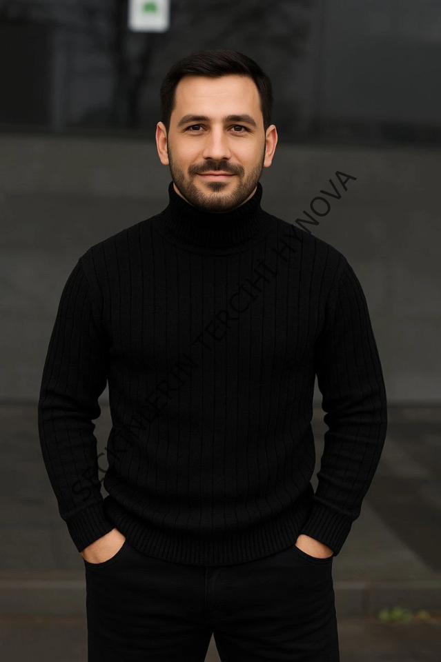 Erkek Fitilli Triko Kazak 3lÜ Set Gri Haki Siyah Regular Balıkcı Yaka Tam Boğazlı Triko Seti Modeli Kazak