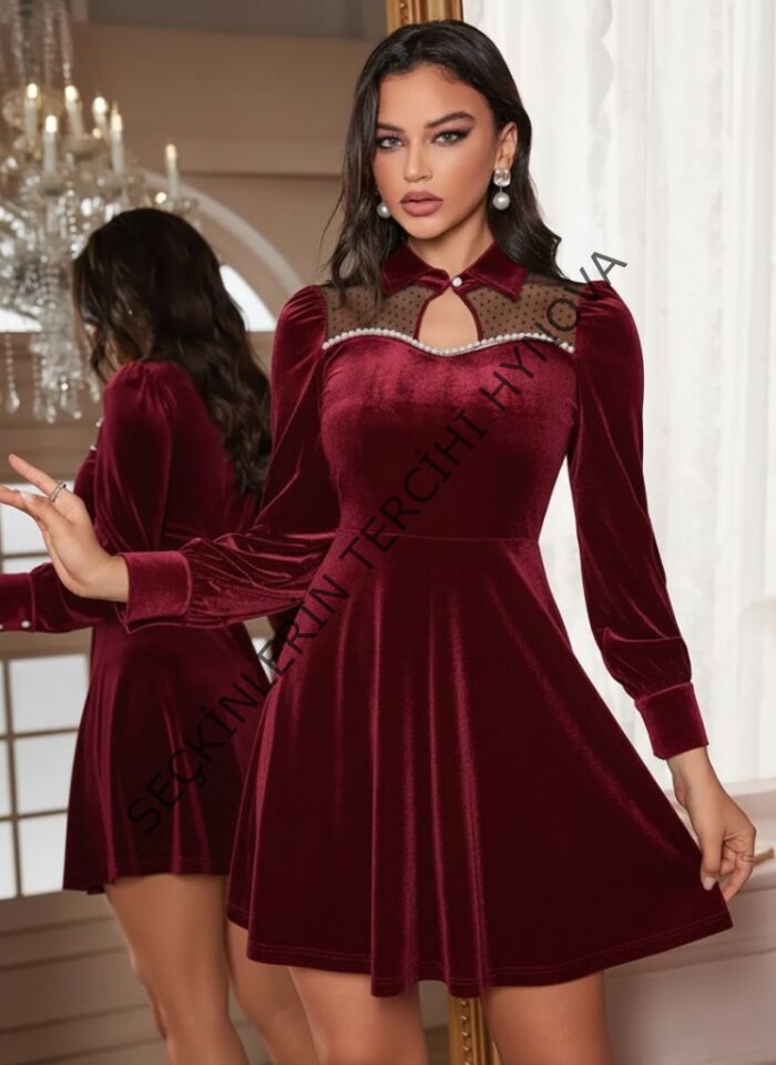 Kadın Uzun Kollu Yakalı Tül Detaylı Incili Mini Kadife Elbise