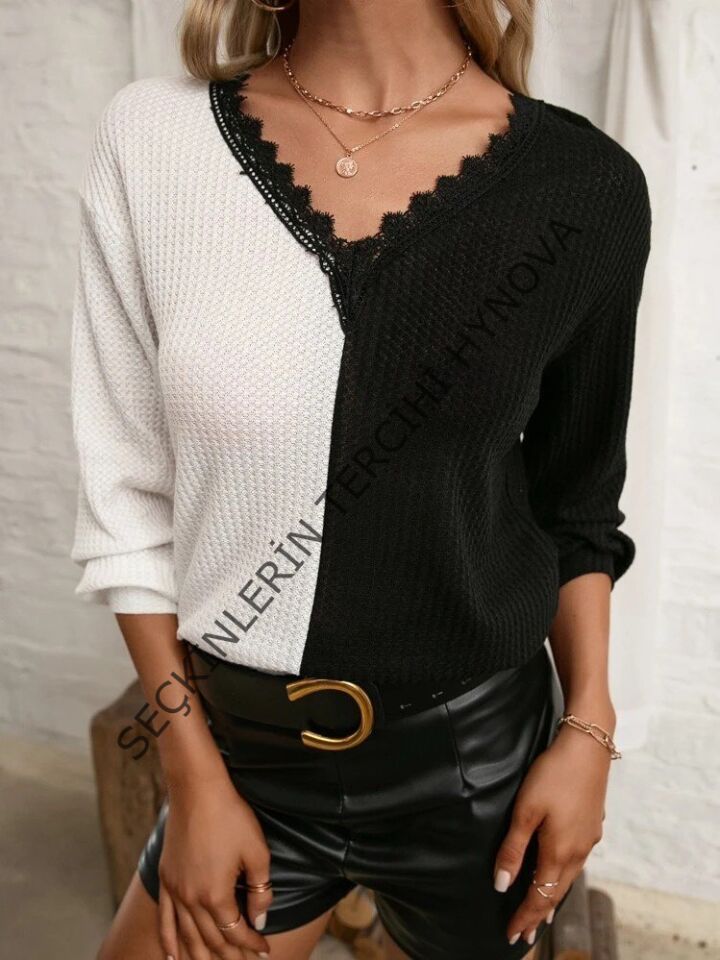 Kadın Uzun Kollu V Yakalı çift Renkli Triko Bluz