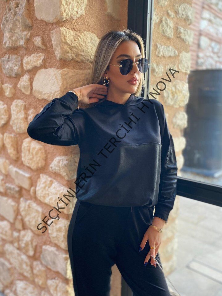 Kadın Uzun Kollu Kapüşonlu Oversize Sweat Ve Pantolon Ikili Takım