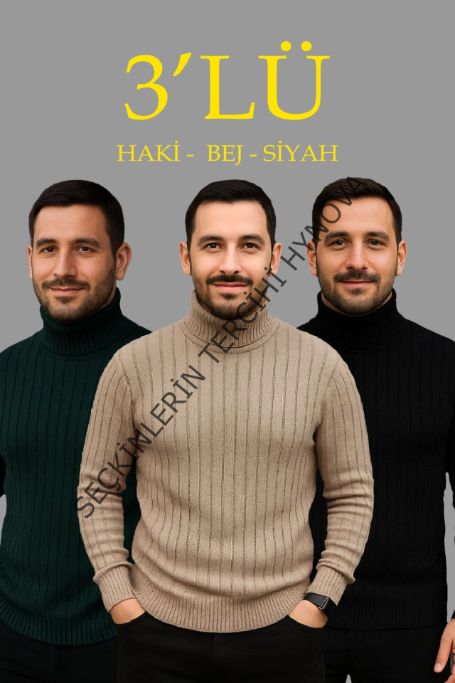Erkek Fitilli Triko Kazak 3lÜ Set Bej Haki Siyah Regular Balıkcı Yaka Tam Boğazlı Triko Seti Modeli Kazak