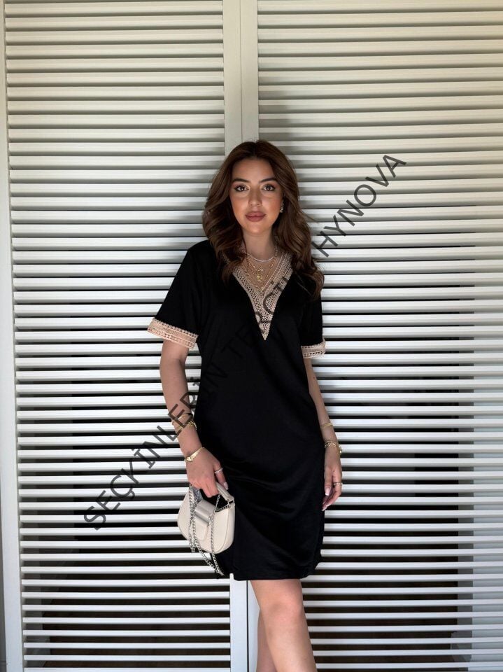 Kadın V Yaka Güpürlü İki İplik Elbise