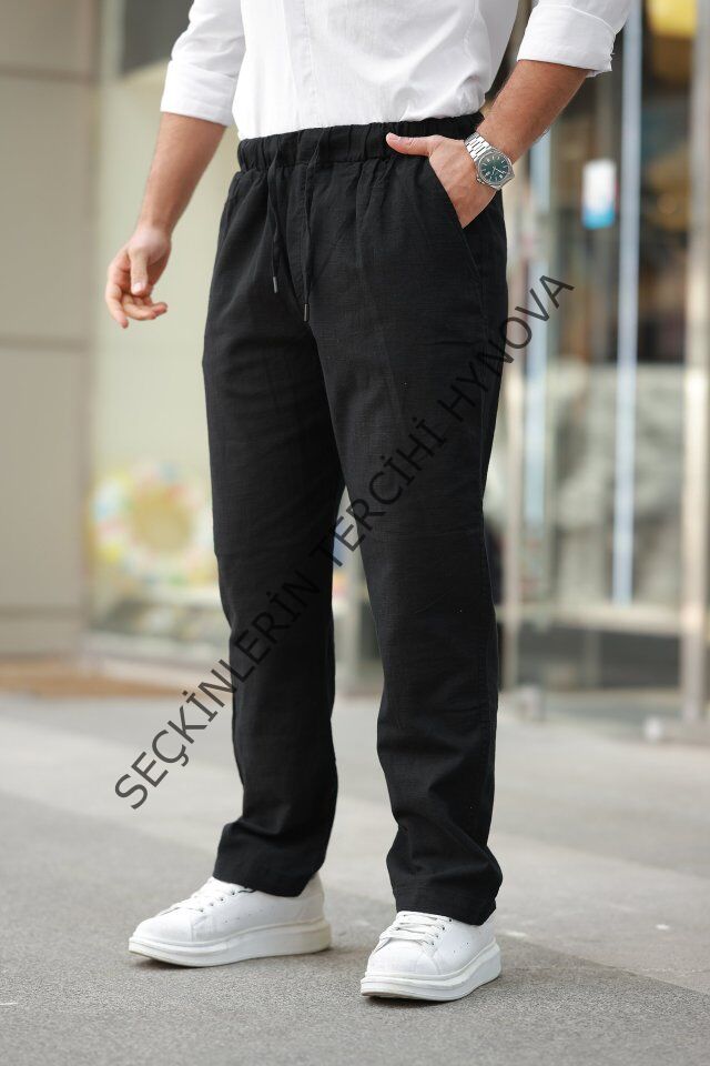 Erkek Beli Lastikli Keten Rahat Pantolon