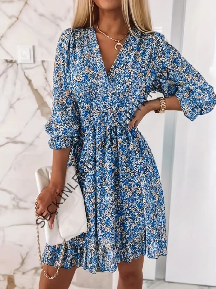 Kadın Truvakarkol Kruvaze Yakalı Beli Lastikli çiçek Desenli Süprem Elbise