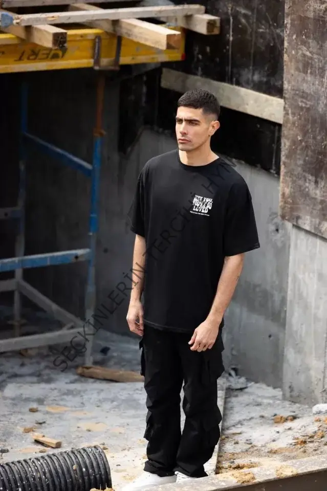 Unisex Bisiklet Yaka Baskılı Oversize T-Shirt - Siyah