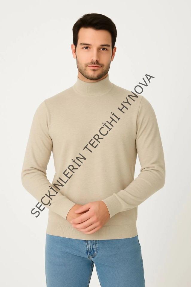 Erkek Yarım Boğaz Triko Kazak Yumuşak Dokulu Pamuklu Ince Dokuma, Uzun Kollu Rahat Regular Kalıp - Bej