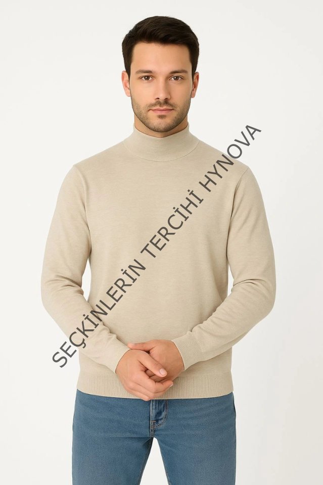 Erkek Yarım Boğaz Triko Kazak Yumuşak Dokulu Pamuklu Ince Dokuma, Uzun Kollu Rahat Regular Kalıp - Bej