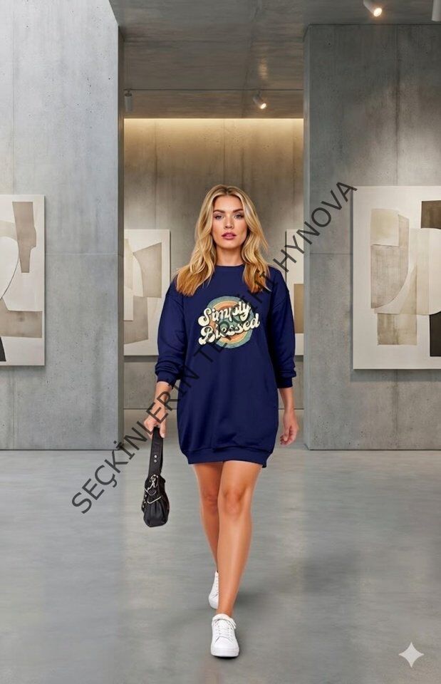 Kadın Uzun Kollu Bisiklet Yaka Yazılı Viskon Iki Iplik Elbise