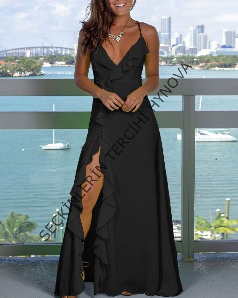 Kadın Ip Askılı Dekolteli Yırtmaç Detay Krep Elbise