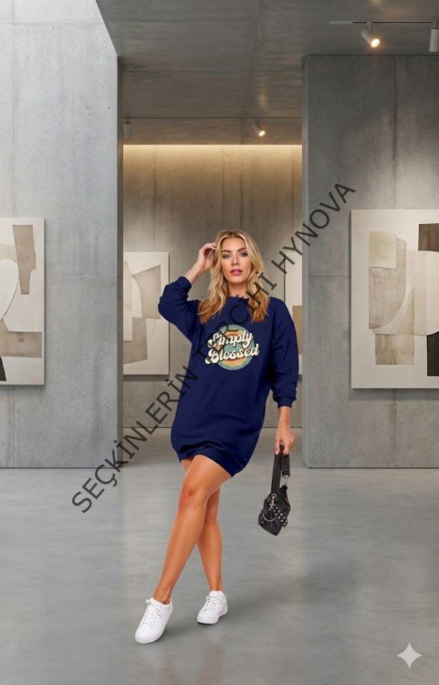 Kadın Uzun Kollu Bisiklet Yaka Yazılı Viskon Iki Iplik Elbise