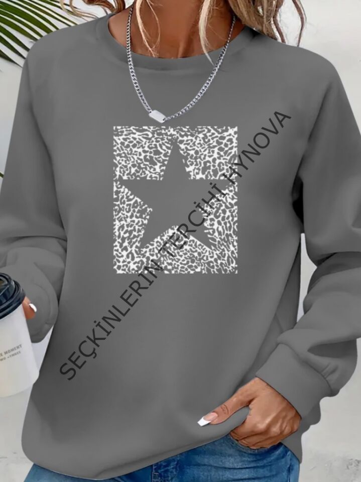 Kadın Uzun Kollu Bisiklet Yaka Desenli Viskon Iki Iplik Bluz