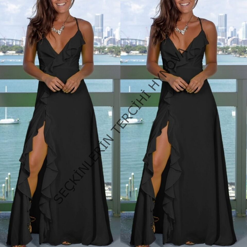 Kadın Ip Askılı Dekolteli Yırtmaç Detay Krep Elbise