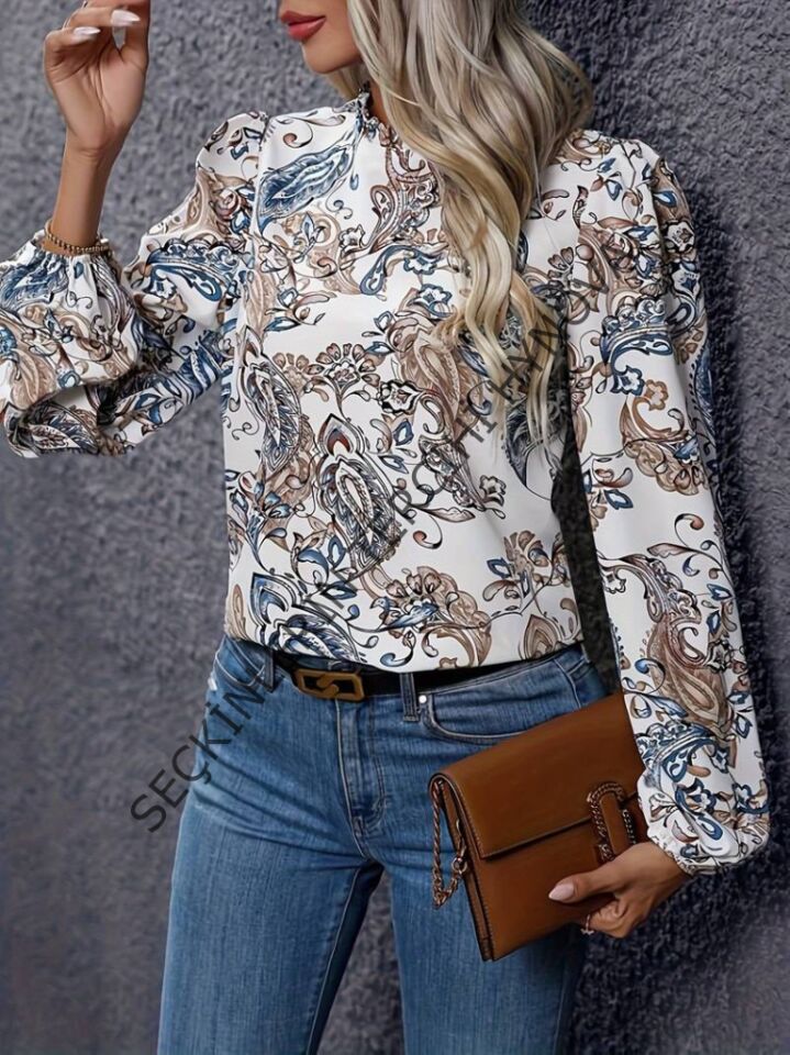 Kadın Uzun Kollu Yarı Balıkçı Yaka Desenli Süprem Bluz