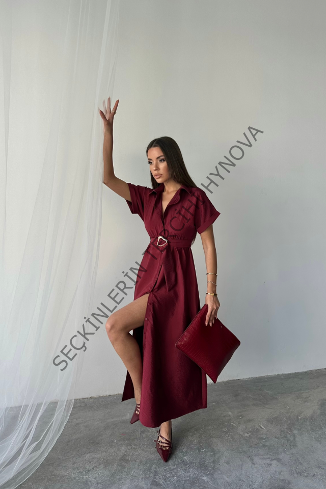 ÖNDEN DÜĞMELİ CRUSHLI MODAL ELBİSE - Bordo