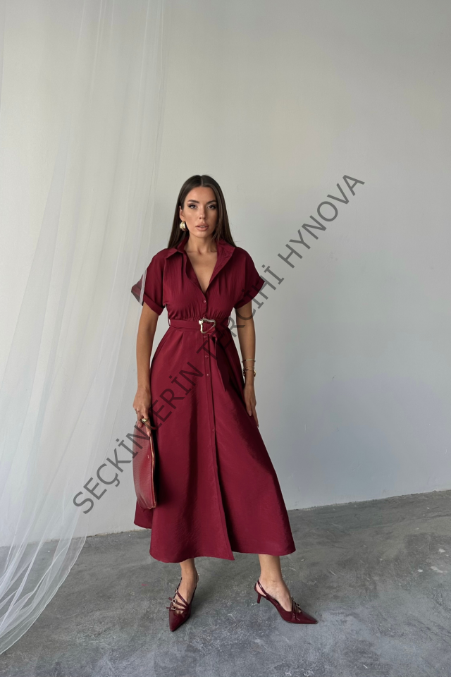 ÖNDEN DÜĞMELİ CRUSHLI MODAL ELBİSE - Bordo