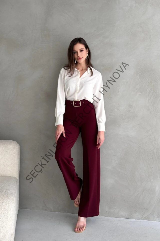 Kadın Yüksek Bel Krep Kumaş Full Likralı Ispanyol Paça Kemer Dahil Pantolon