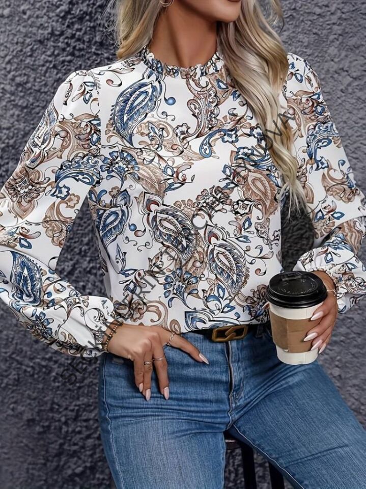 Kadın Uzun Kollu Yarı Balıkçı Yaka Desenli Süprem Bluz