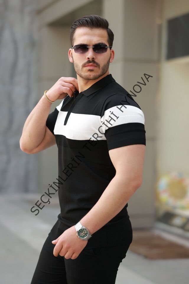 Erkek Fermuar Yakalı şerit Renk Desenli Kısa Kollu Tişört