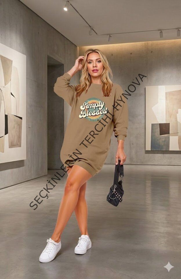 Kadın Uzun Kollu Bisiklet Yaka Yazılı Viskon Iki Iplik Elbise