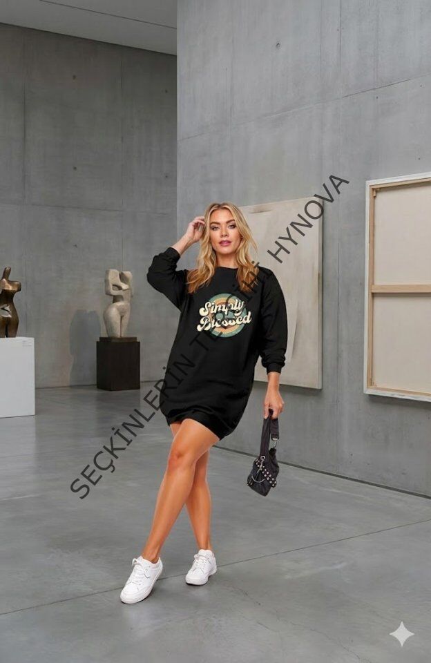 Kadın Uzun Kollu Bisiklet Yaka Yazılı Viskon Iki Iplik Elbise