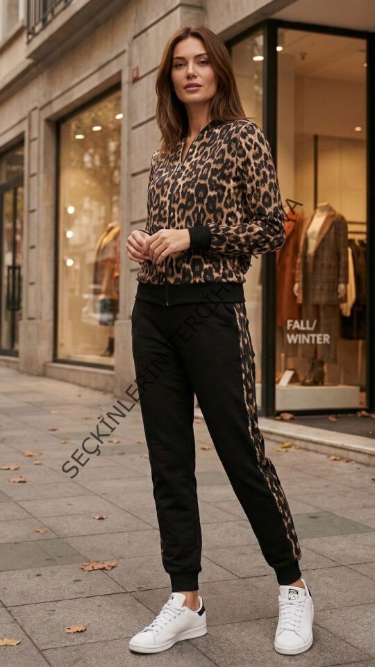 Kadın Uzun Kollu önden Fermuarlı Leopar Desen Detaylı Viskon Iki Iplik Kumaş Ikili Takım