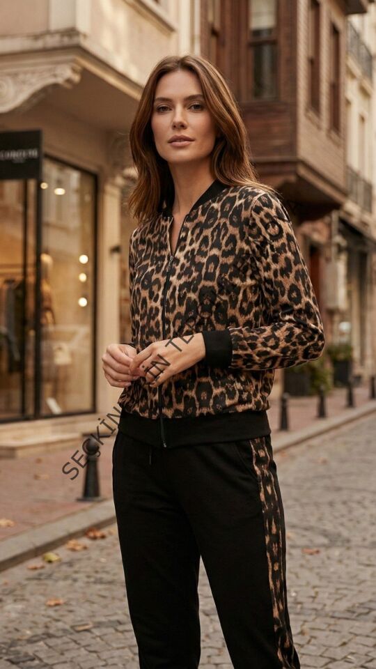 Kadın Uzun Kollu önden Fermuarlı Leopar Desen Detaylı Viskon Iki Iplik Kumaş Ikili Takım