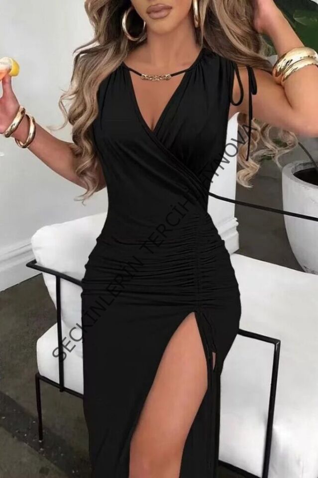 Kadın Sıfır Kollu V Yakalı Yırtmaç Detaylı Beli Büzgülü Omuzdan Bağcıklı Sandy Maxi Elbise