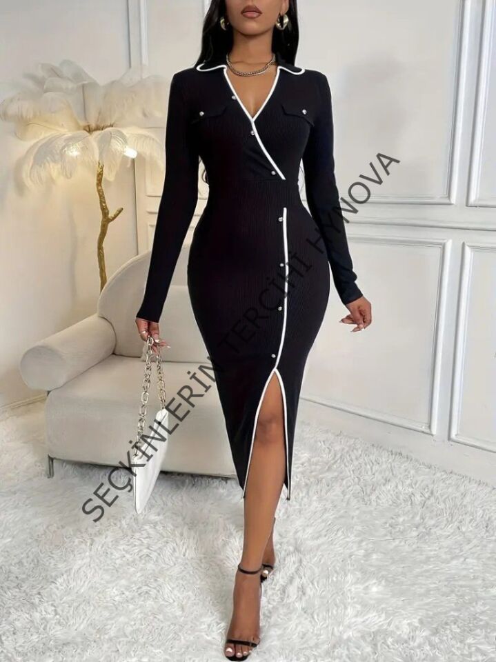 Kadın Uzun Kollu Yakalı Cepli Düğmeli Yırtmaç Detaylı Modal Uzun Elbise