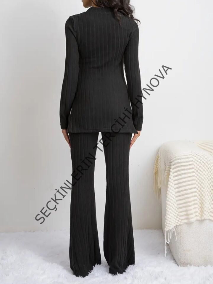 Kadın Uzun Kollu Yuvarlak Yaka Yandan Yırtmaç Detaylı şardonlu Kaşkorse Bluz Ve Pantolon Ikili Takım
