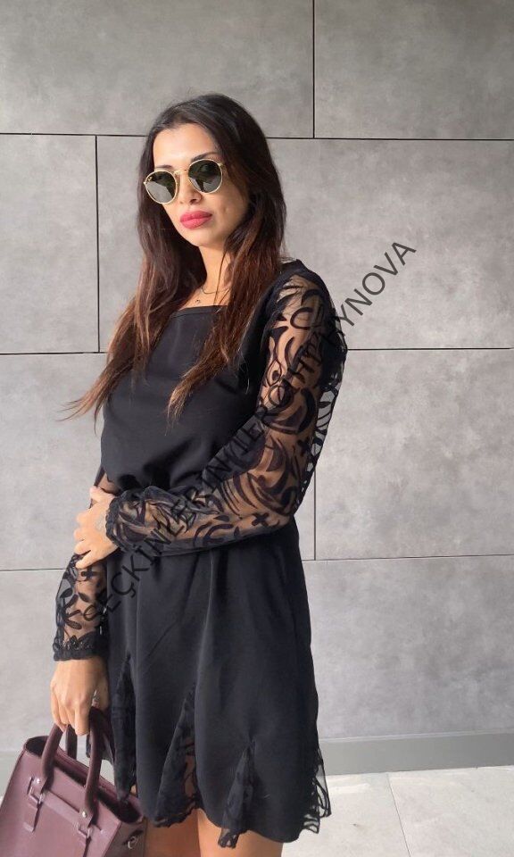 Kadın Uzun Kollu Yuvarlak Yaka Kol Ve Etek Ucu Dantelli Kısa Ithal Krep Elbise