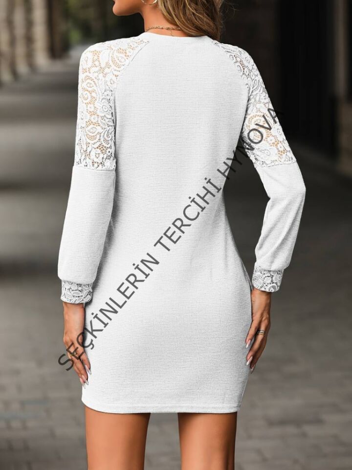 Kadın Uzun Kollu V Yakalı Dantelli Kısa Waffle Elbise