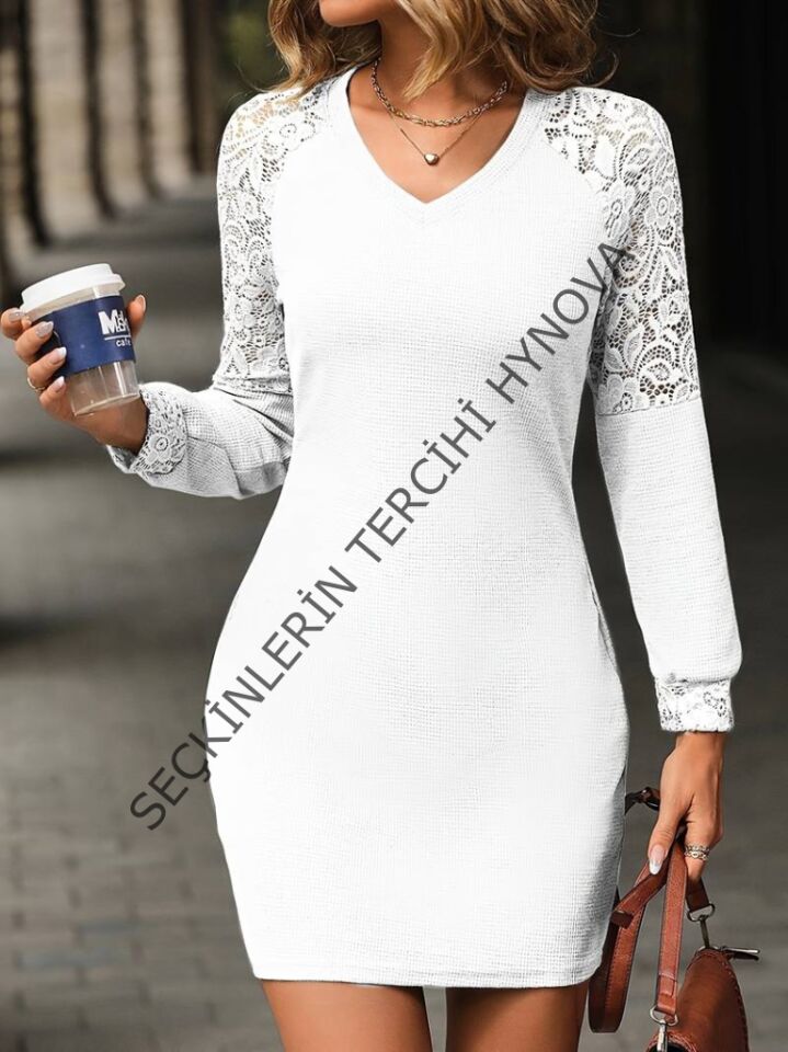 Kadın Uzun Kollu V Yakalı Dantelli Kısa Waffle Elbise