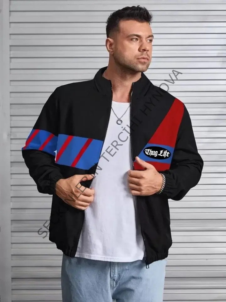 Unisex Uzun Koll Fermuarlı Baskılı Rüzgarlik - Siyah