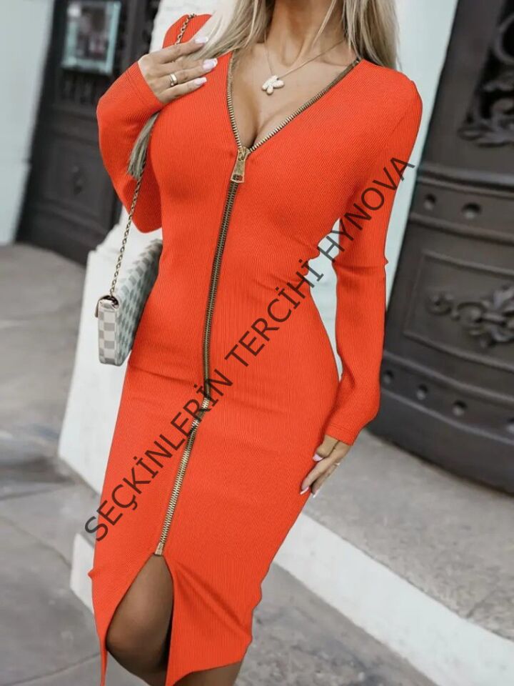 Kadın Uzun Kollu önden Fermuarlı Midi Ottoman Elbise