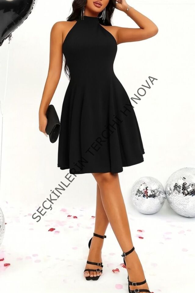 Kadın Omuzlardan Açık Daire Yakalı Janjan Krep Elbise