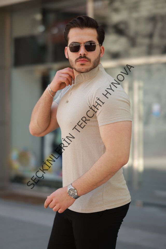 Erkek Hakim Yaka Dokuma Pamuklu Kumaş Kısa Kollu T-shirt