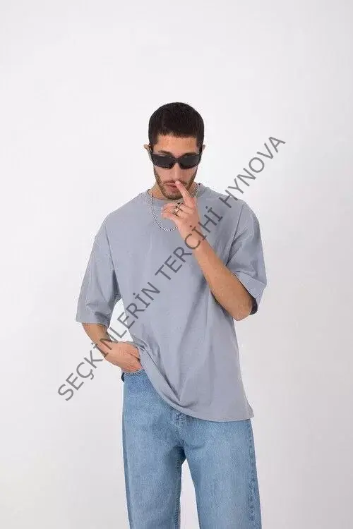 Unisex Basic Bisiklet Yaka Oversize T-Shirt - Gri