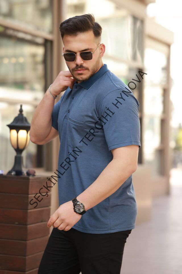 Erkek Yakalı Mini Jakarlı Kısa Kollu T-shirt