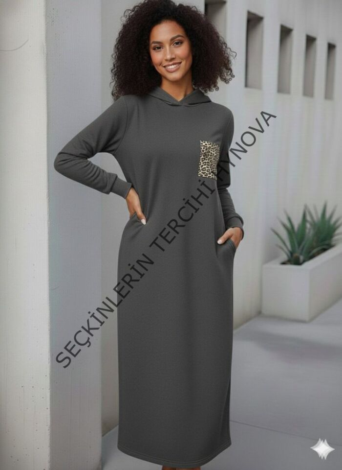 Kadın Uzun Kollu Kapşonlu Cep Detaylı Viskon Iki Iplik Maxi Elbise