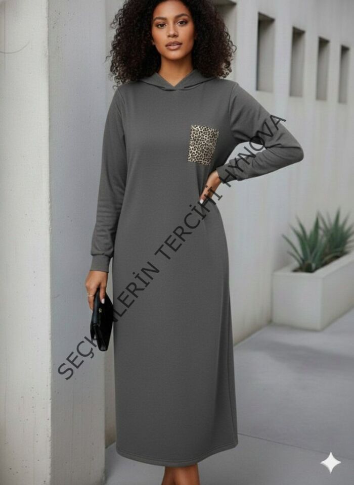 Kadın Uzun Kollu Kapşonlu Cep Detaylı Viskon Iki Iplik Maxi Elbise