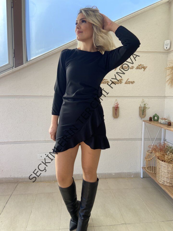 Kadın Uzun Kollu Bisiklet Yaka önden Volanlı Ithal Krep Elbise