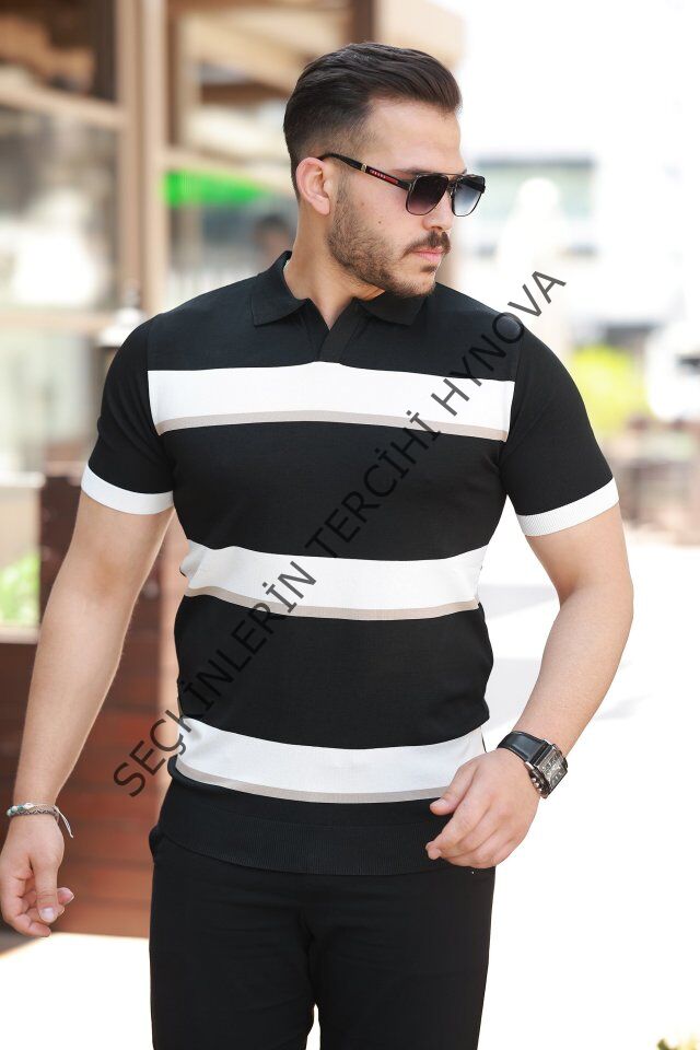 Erkek şerit Desenli Hemşire Yaka Kısa Kollu Tişört