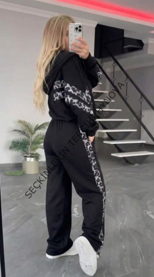 Kadın Uzun Kollu Kapşonlu önü Fermuarlı Leopar Desenli Modal Bluz Ve Pantolon Ikili Takım