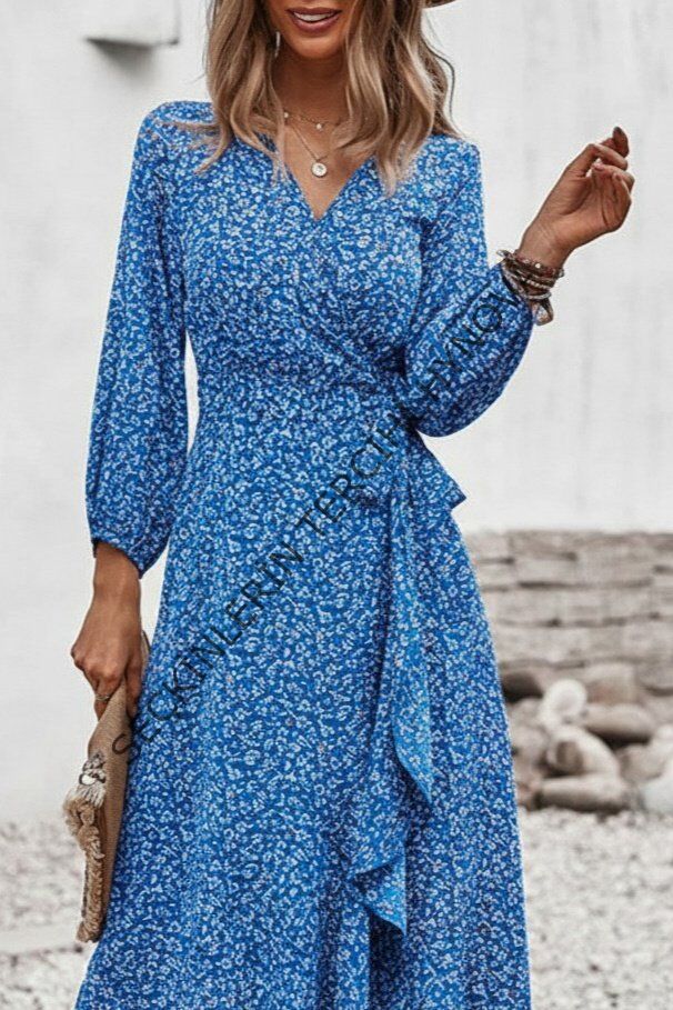 Kadın Uzun Kollu Kruvaze Yaka Yandan Bağlamalı önden Fırfır Detaylı Süprem Uzun Elbise