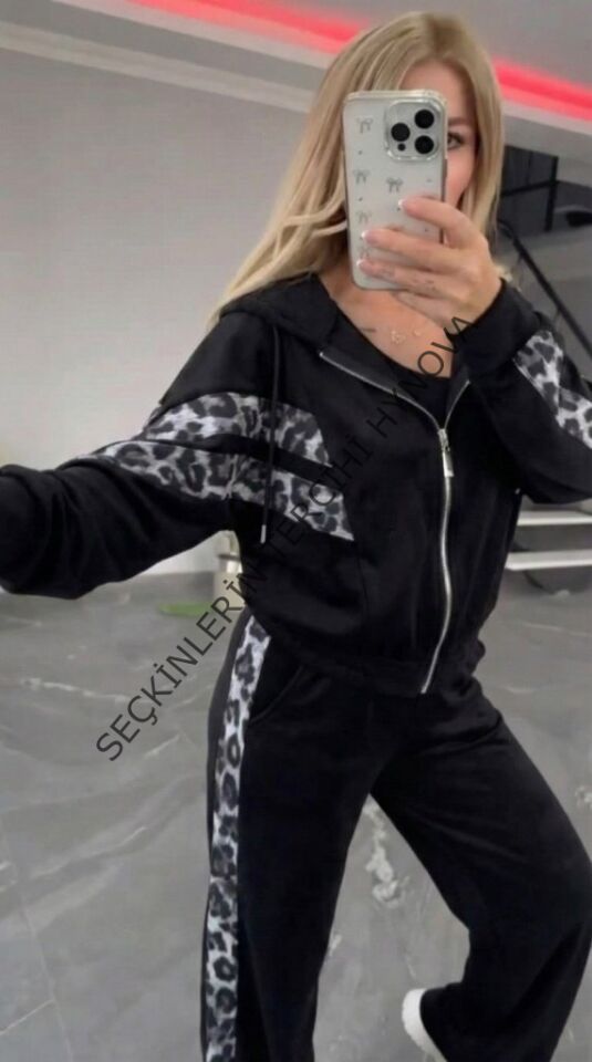 Kadın Uzun Kollu Kapşonlu önü Fermuarlı Leopar Desenli Modal Bluz Ve Pantolon Ikili Takım