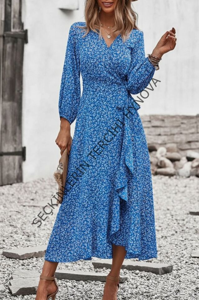 Kadın Uzun Kollu Kruvaze Yaka Yandan Bağlamalı önden Fırfır Detaylı Süprem Uzun Elbise